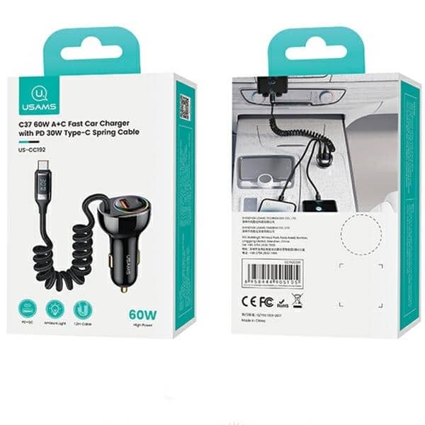 USAMS Φορτιστής αυτοκινήτου C37 1xUSB+1xUSB-C 60W + καλώδιο USB-C 30W PD+QC Γρήγορη φόρτιση μαύρο - Image 10