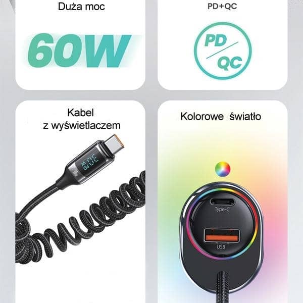 USAMS Φορτιστής αυτοκινήτου C37 1xUSB+1xUSB-C 60W + καλώδιο USB-C 30W PD+QC Γρήγορη φόρτιση μαύρο - Image 2