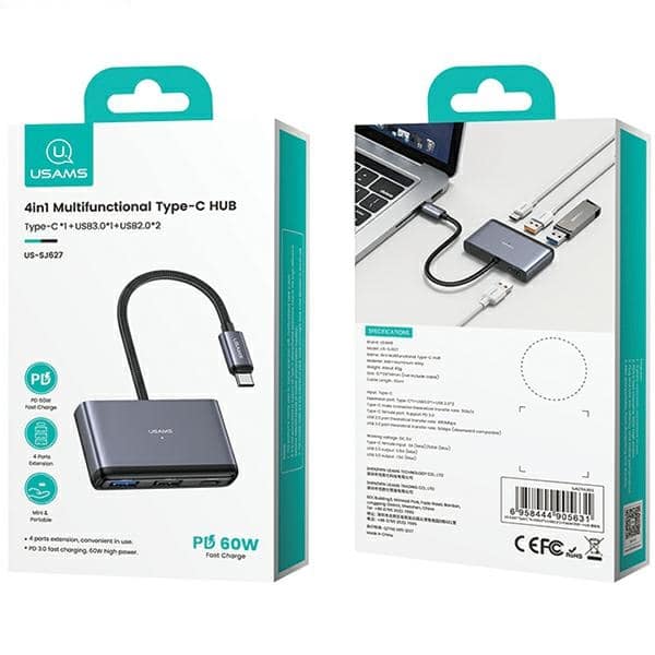 USAMS αντάπτορας HUB 4w1 2xUSB 2.0/USB 3.0/ USB-C γκρι - Image 6