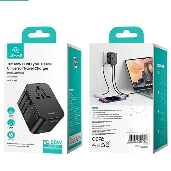 USAMS προσαρμογέας δικτύου 1xUSB+2xUSB-C T62 65W 4w1 US/AU/EU/UK μαύρος/black - Image 8