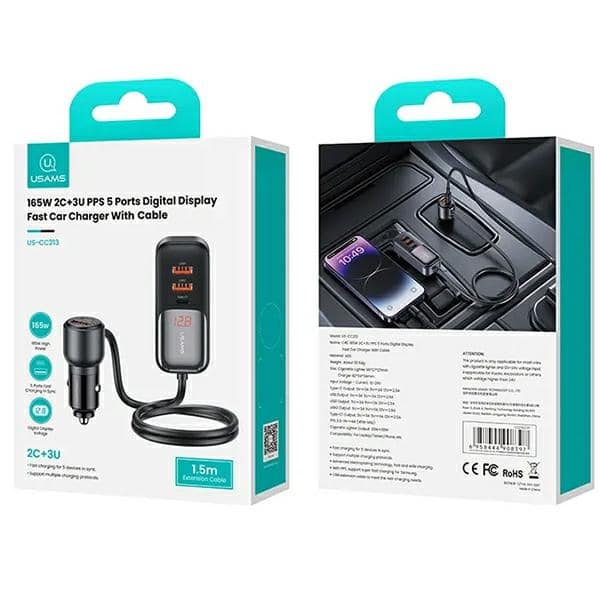 USAMS Φορτιστής αυτοκινήτου C40 3xUSB+2xUSB-C 165W PD+QC Γρήγορη φόρτιση μαύρος - Image 6