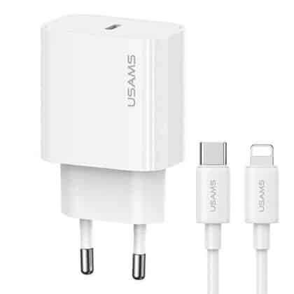 USAMS φορτιστής δικτύου 1xUSB-C T65 PD20W PD γρήγορη φόρτιση US-CC226 + καλώδιο USB-C/Lightning US-SJ712 30W λευκό