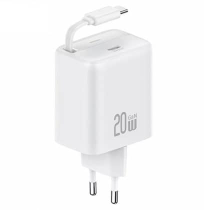 USAMS Φορτιστής δικτύου 1xUSB-C με αναδιπλούμενο καλώδιο USB-C Retractable PD+QC 20W Gan Γρήγορη φόρτιση λευκό