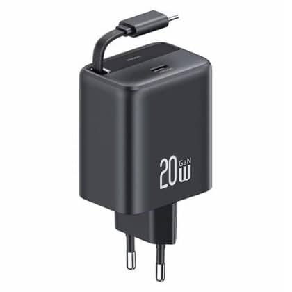 USAMS Φορτιστής δικτύου 1xUSB-C με αναδιπλούμενο καλώδιο USB-C Retractable PD+QC 20W Gan Fast Charging μαύρο