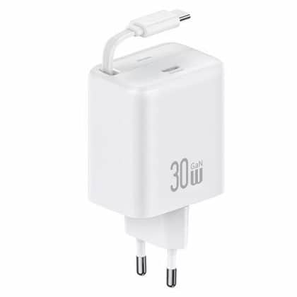 USAMS Φορτιστής δικτύου 1xUSB-C με αναδιπλούμενο καλώδιο USB-C Retractable PD+QC 30W Gan Γρήγορη φόρτιση λευκό/white YC Series CC241TC02 (US-CC241)