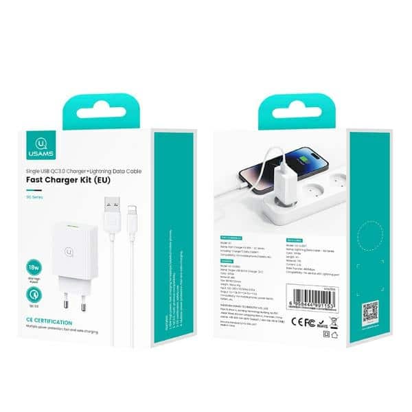 USAMS Φορτιστής δικτύου 18W + καλώδιο Lightning/USB-A Γρήγορης Φόρτισης λευκό - Image 10