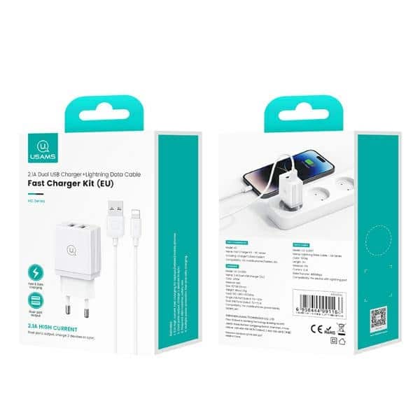 USAMS Φορτιστής δικτύου 2xUSB 18W + καλώδιο Lightning/USB-A Γρήγορης Φόρτισης λευκό - Image 8
