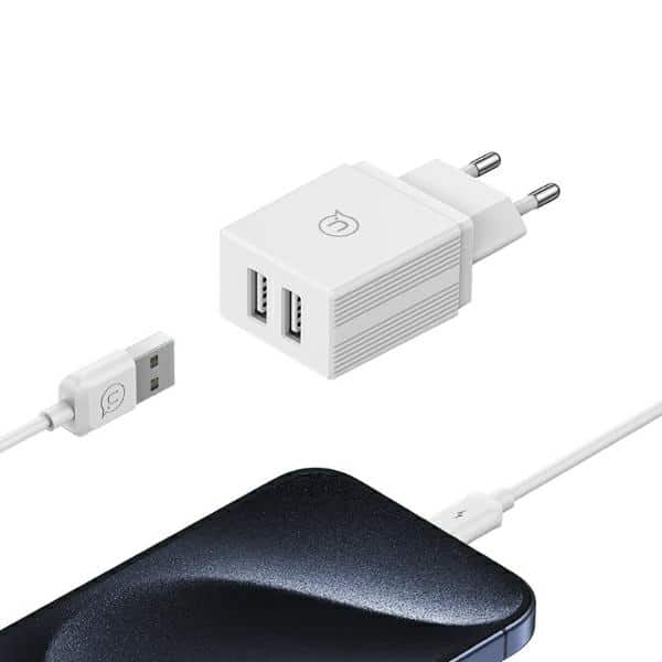 USAMS Φορτιστής δικτύου 2xUSB 18W + καλώδιο Lightning/USB-A Γρήγορης Φόρτισης λευκό - Image 4