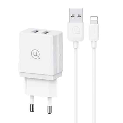 USAMS Φορτιστής δικτύου 2xUSB 18W + καλώδιο Lightning/USB-A Γρήγορης Φόρτισης λευκό