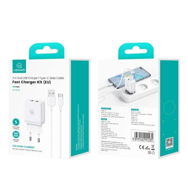 USAMS Φορτιστής δικτύου 2xUSB-A + καλώδιο USB-C/USB-A Γρήγορης Φόρτισης λευκός - Image 7