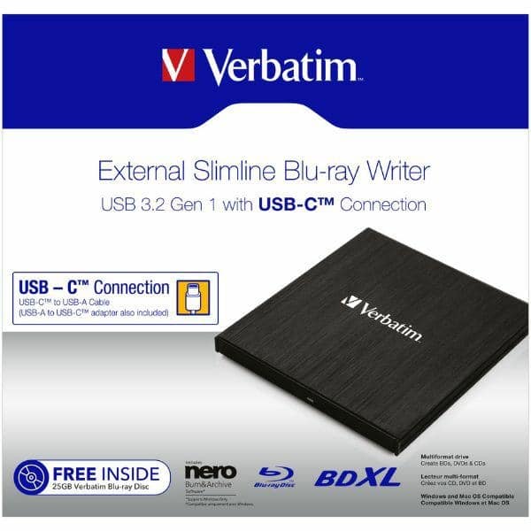 Verbatim εξωτερικός εγγραφέας Slimline CD/DVD USB-C + καλώδιο USB-C/USB-C σε USB-A 3.2 μαύρο - Image 4