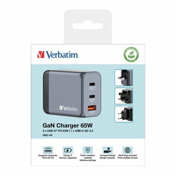Verbatim φορτιστής τοίχου GaN 65W 2xUSB-C/USB-A + αντάπτορας EU/UK/US GNC-65 32201 - Image 3