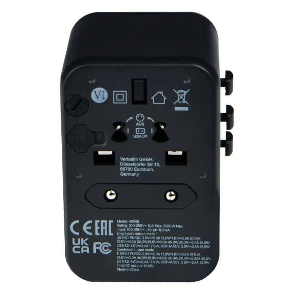 Verbatim αντάπτορας ταξιδιού EU/UK/US 3xUSB-A/2xUSB-C PD 61W UTA-04 μαύρος - Image 5