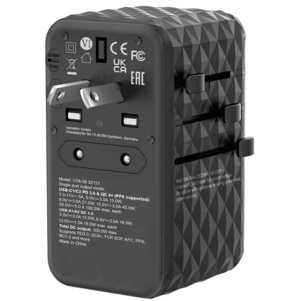 Verbatim αντάπτορας ταξιδιού EU/UK/US GaN 2xUSB-A/2xUSB-C PD 100W UTA-06 μαύρος - Image 2