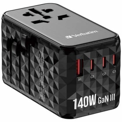 Verbatim αντάπτορας ταξιδιού EU/UK/US GaN USB-A/3xUSB-C PD 140W UTA-10 μαύρος