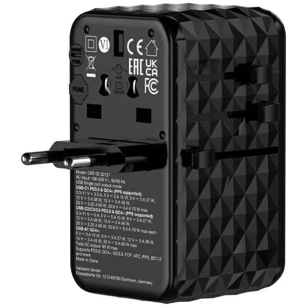 Verbatim αντάπτορας ταξιδιού EU/UK/US GaN USB-A/3xUSB-C PD 85W CNT-02 μαύρος - Image 2