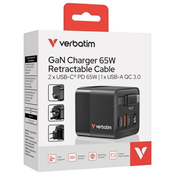 Verbatim Φορτιστής τοίχου GaN 65W 2xUSB-C/USB-A + Αντάπτορας ΕΕ/ΗΒ/ΗΠΑ μαύρος - Image 6