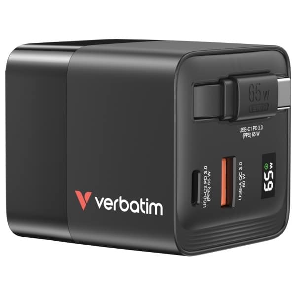 Verbatim Φορτιστής τοίχου GaN 65W 2xUSB-C/USB-A + Αντάπτορας ΕΕ/ΗΒ/ΗΠΑ μαύρος - Image 2