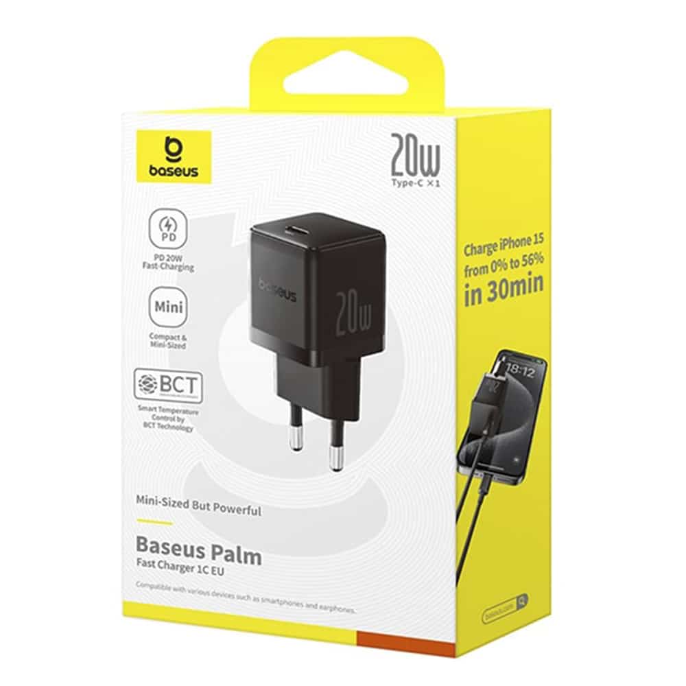Baseus - Φορτιστής Τοίχου Palm (P10111602113-00) - Γρήγορος Φορτιστής, Type-C, PD 20W, 5V/3A - Cluster Μαύρο - Image 7