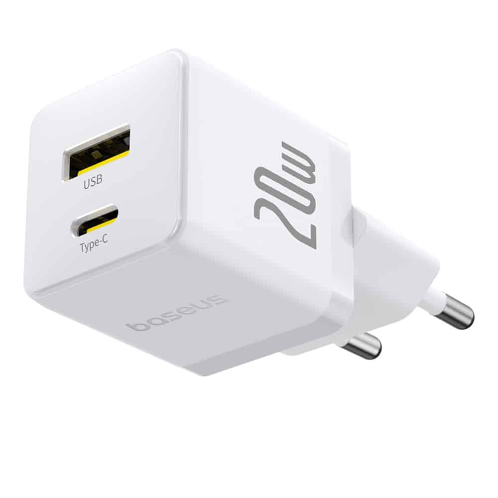 Baseus - Φορτιστής Τοίχου Palm (CCZC20UE) - 2σε1 Γρήγορος Φορτιστής, USB, Type-C, 20W, 5V/3A - Moon White - Image 3