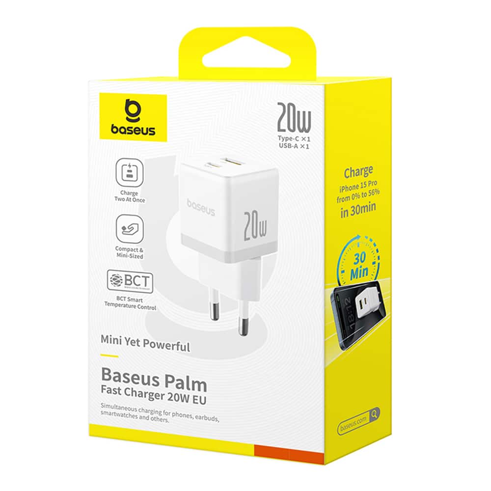 Baseus - Φορτιστής Τοίχου Palm (CCZC20UE) - 2σε1 Γρήγορος Φορτιστής, USB, Type-C, 20W, 5V/3A - Moon White - Image 7