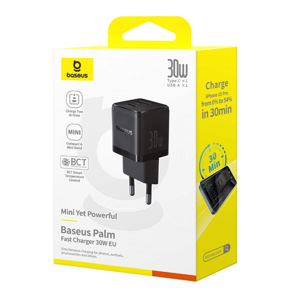 Baseus - Φορτιστής Τοίχου Palm (P1011160A113-00) - Γρήγορη Φόρτιση, 2σε1, USB, Type-C, 30W - Cluster Μαύρο - Image 7