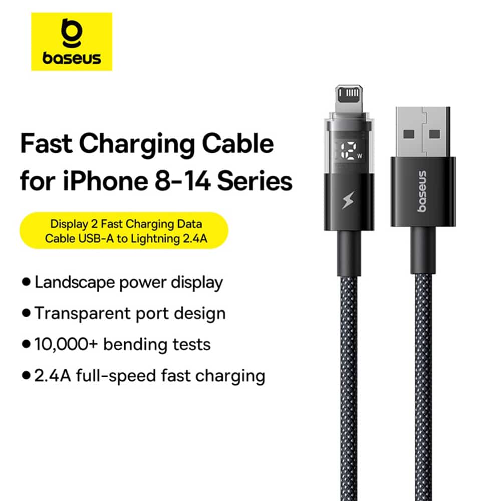 Baseus - Data Καλώδιο Display 2 (P10382700121-00) - USB to Lightning, Γρήγορη Φόρτιση, Ψηφιακή Οθόνη, 2.4A, 1m - Cosmic Black - Image 5