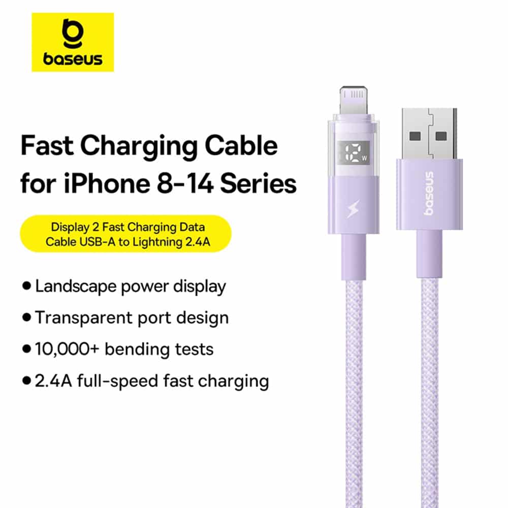 Baseus - Data Καλώδιο Display 2 (P10382700511-01) - USB to Lightning, Γρήγορη Φόρτιση, Ψηφιακή Οθόνη, 2.4A, 2m - Nebula Purple - Image 5