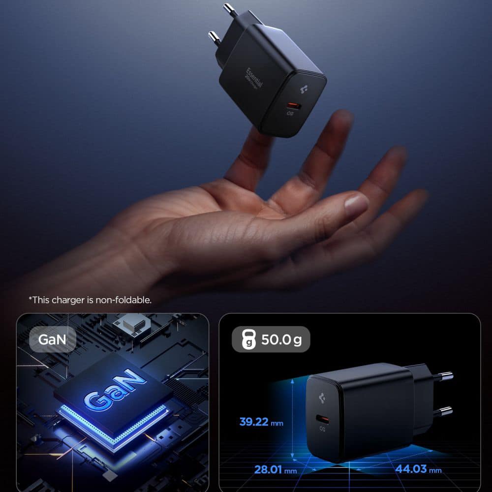 Spigen - Φορτιστής Τοίχου Essential (EE201EU) - Type-C, GaN, Γρήγορη Φόρτιση, PD20W, Quantum Boost - Μαύρο - Image 3