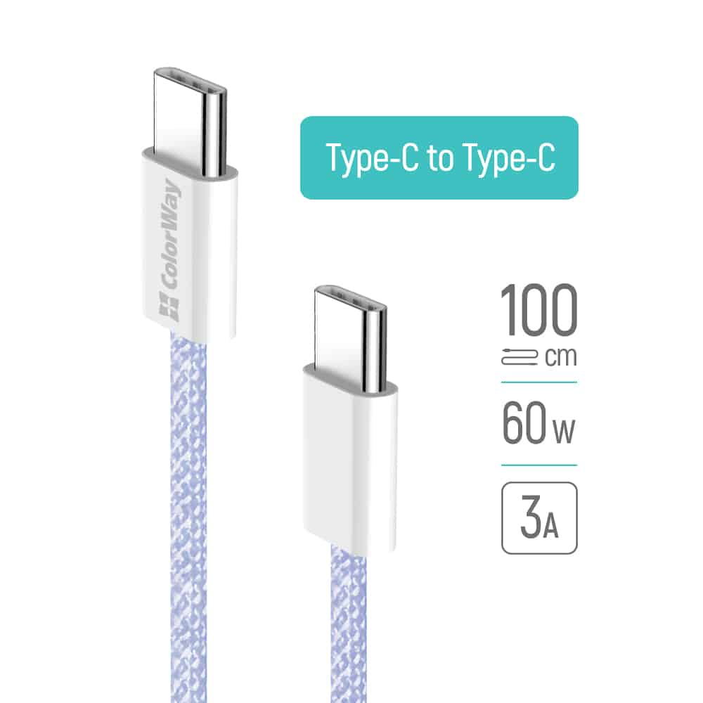 ColorWay - Καλώδιο Δεδομένων (CW-CBPDCC061-PU) - για MacBook Pro, Type-C σε Type-C, PD Γρήγορη Φόρτιση 60W, 3A, Νάιλον, 1m - Μωβ - Image 2