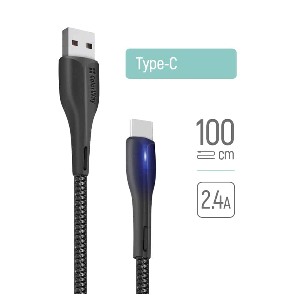 ColorWay - Καλώδιο Δεδομένων (CW-CBUC034-BK) - USB σε Type-C, για Συγχρονισμό & Φόρτιση, με ένδειξη LED, 2.4A, 480Mbps, 1m - Μαύρο - Image 4