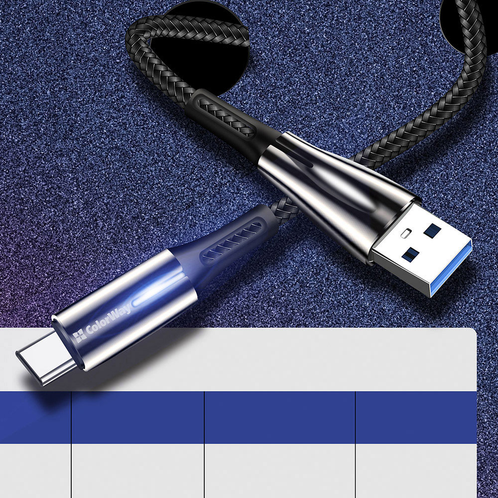 ColorWay - Καλώδιο Δεδομένων (CW-CBUC035-BK) - USB σε Type-C, Quick Charge 3.0, με ένδειξη LED, Νάιλον, 2.4A, 480Mbps, 1m - Μαύρο - Image 5