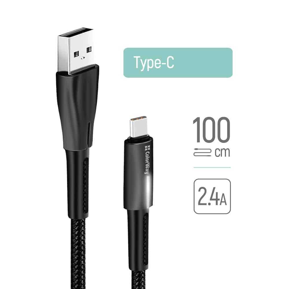 ColorWay - Καλώδιο Δεδομένων (CW-CBUC035-BK) - USB σε Type-C, Quick Charge 3.0, με ένδειξη LED, Νάιλον, 2.4A, 480Mbps, 1m - Μαύρο - Image 3