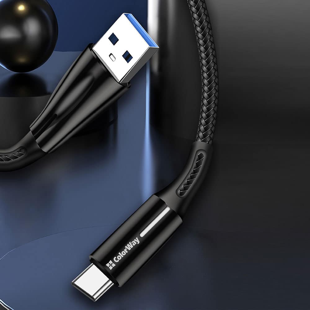 ColorWay - Καλώδιο Δεδομένων (CW-CBUC035-BK) - USB σε Type-C, Quick Charge 3.0, με ένδειξη LED, Νάιλον, 2.4A, 480Mbps, 1m - Μαύρο - Image 6