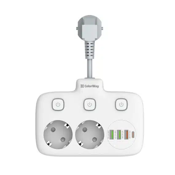 ColorWay - Πολύπριζο (CW-CHE24PDW) - 2x EU AC 220V, 3xUSB 20W, Type-C, Auto ID, Ατομικά Κουμπιά Ενέργειας, 0.25m - Λευκό