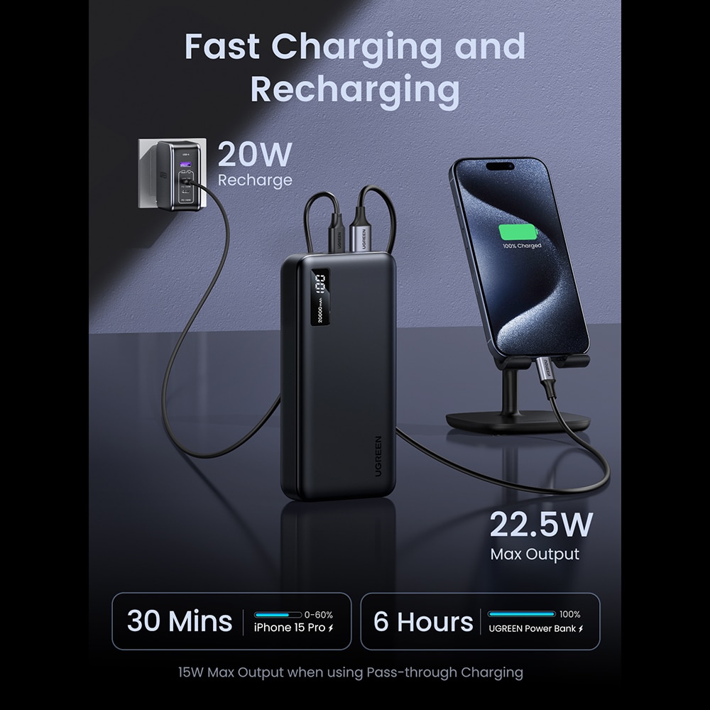 Ugreen - Power Bank PB312 (25683) - Γρήγορη Φόρτιση, Ψηφιακή Οθόνη, 20000mAh, 2x USB, 2x Type-C, 22.5W, PD3.0, 5V/3A - Μαύρο - Image 9