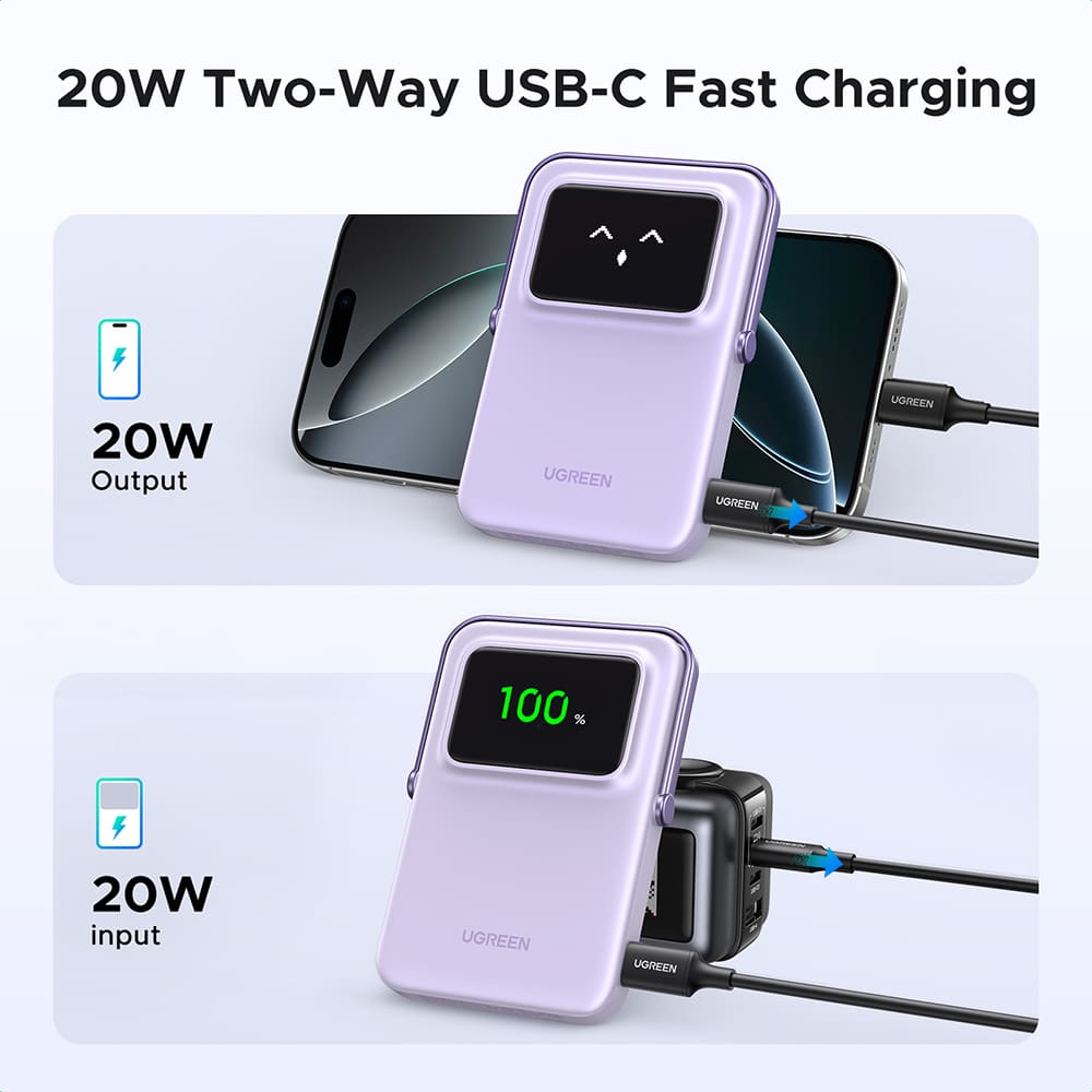 Ugreen - Power Bank PB571 (35606) - με Ψηφιακή Οθόνη, Γρήγορη Φόρτιση, Μαγνητικό, Ασύρματο, 5000mAh, USB-C, 18W, 3A - Μωβ - Image 8