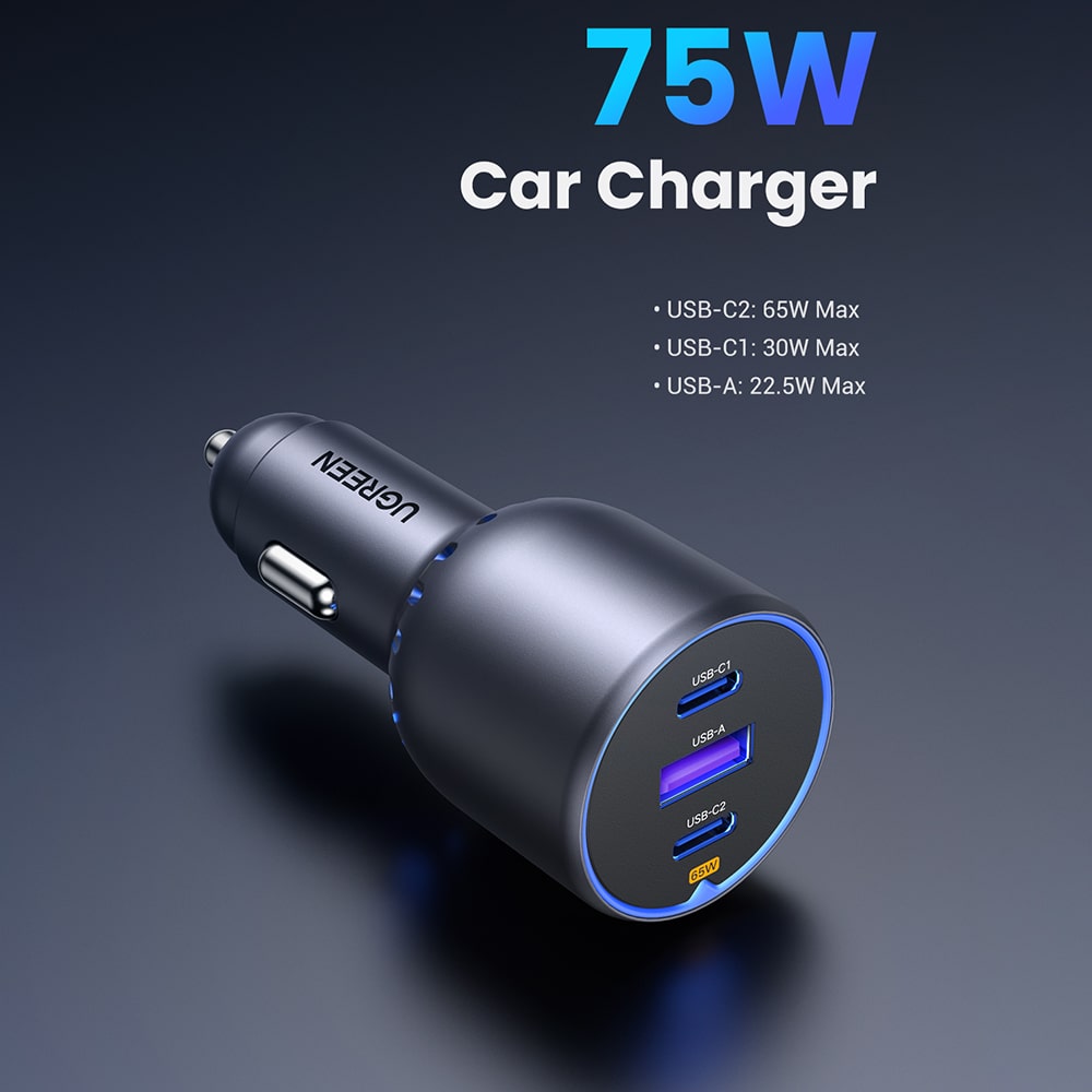 Ugreen - Φορτιστής Αυτοκινήτου 3σε1 EC703 (35024) - Γρήγορη Φόρτιση, USB, 2x Type-C, USB, 75W, 3A, PD3.0, QC 3.0 - Μαύρο - Image 2