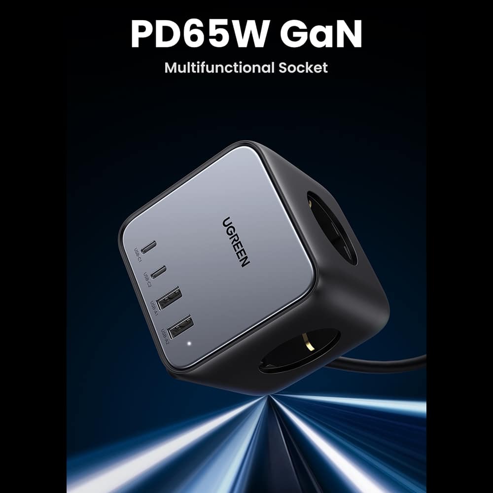 Ugreen - Φορτιστής Τοίχου DigiNest Cube 7in1 CD268 (60113) - GaN, Γρήγορη Φόρτιση, 2x USB-C, 2x USB, 3x AC, 2990W, 13A, PD65W - Μαύρο - Image 4