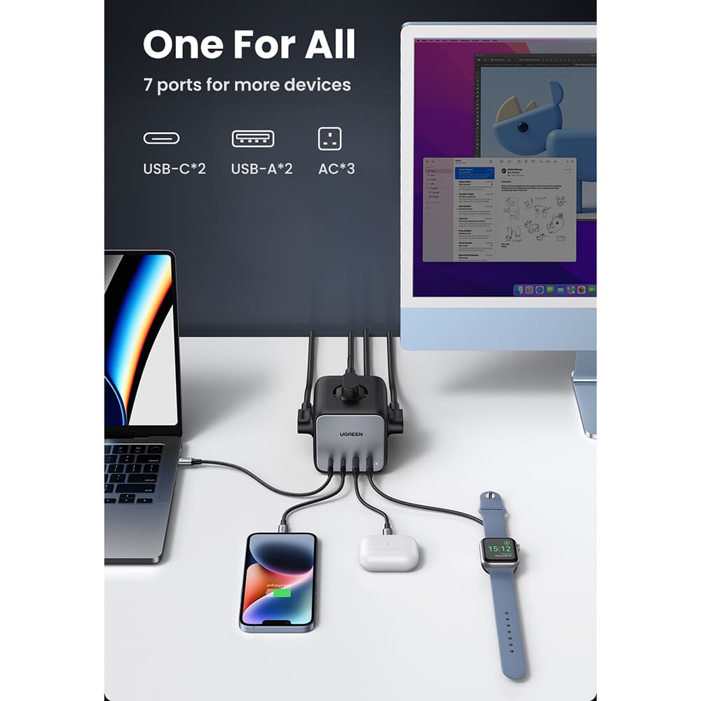 Ugreen - Φορτιστής Τοίχου DigiNest Cube 7in1 CD268 (60113) - GaN, Γρήγορη Φόρτιση, 2x USB-C, 2x USB, 3x AC, 2990W, 13A, PD65W - Μαύρο - Image 11