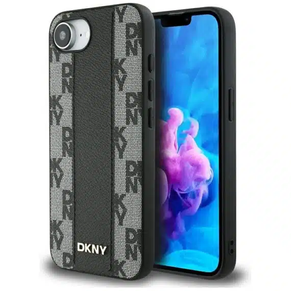 DKNY Leather Checkered Mono Pattern MagSafe - θήκη για Apple iPhone 16e - Μαύρο