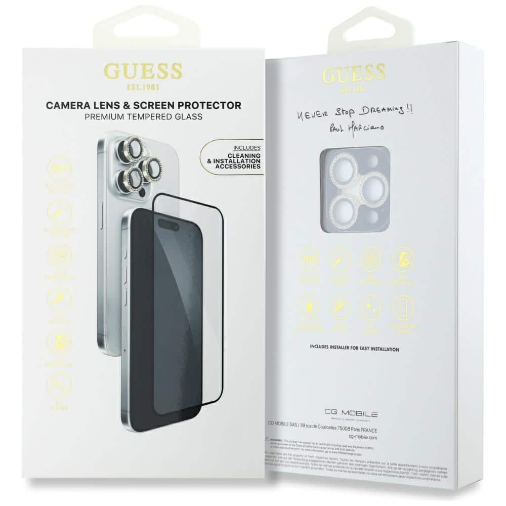 2-in-1 set Guess BP Rhinestone screen and camera lens glass for iPhone 16 Pro Max gold - Image 4