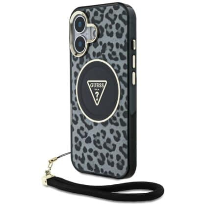 Guess HC IML Leopard Triangle Cord Strap - θήκη για Apple iPhone 16 - Μαύρο