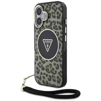 Guess HC IML Leopard Triangle Cord Strap - θήκη για Apple iPhone 16 - Καφέ
