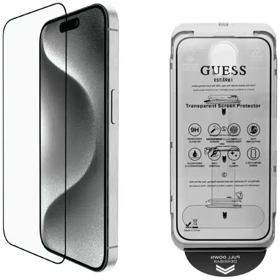 Set 2-in-1 Guess BP Rhinestone screen and camera lens glass for iPhone 16 Pro Max silver