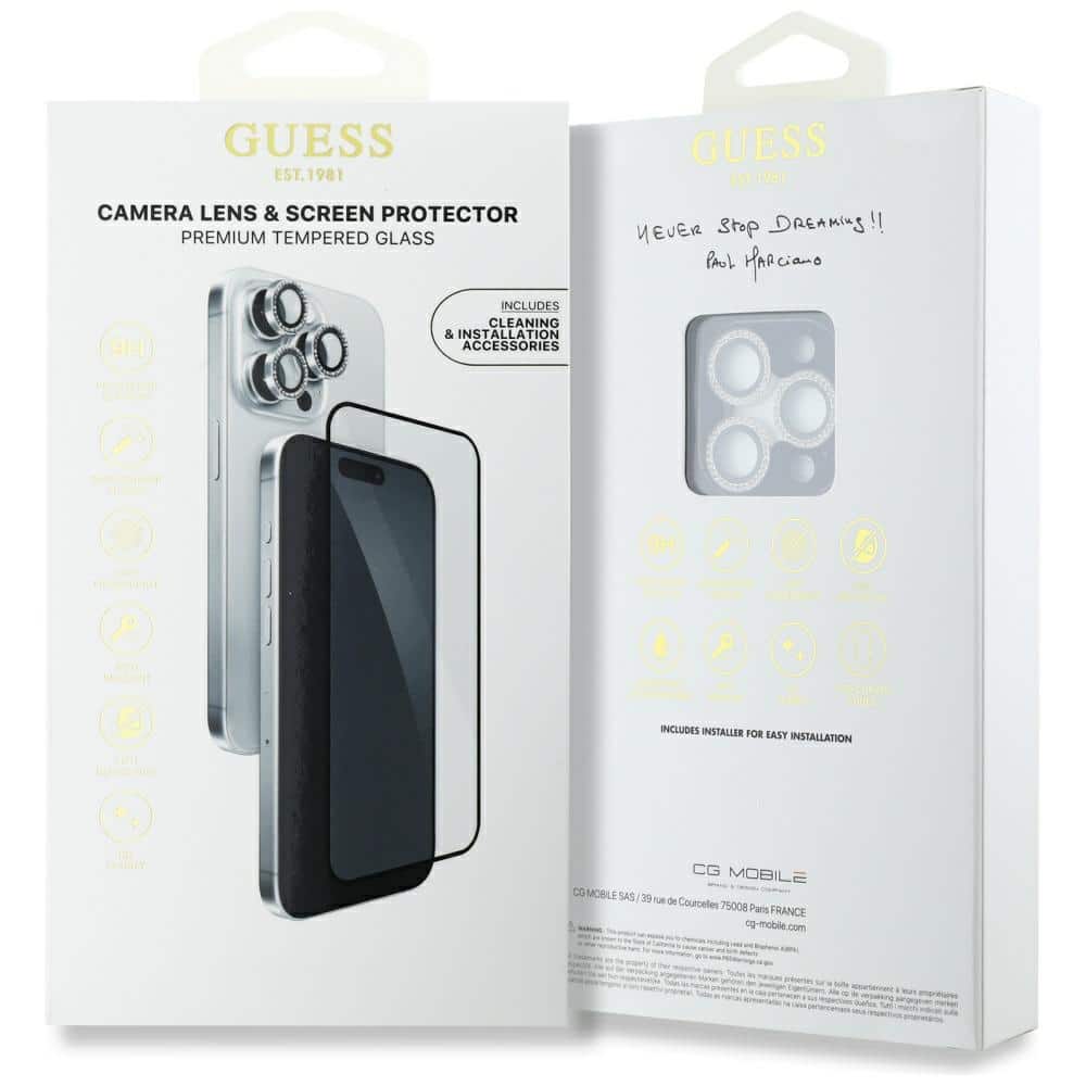 Set 2-in-1 Guess BP Rhinestone screen and camera lens glass for iPhone 16 Pro Max silver - Image 4
