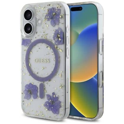 Guess Resin Flowers Glitter MagSafe - θήκη για Apple iPhone 16 - Μωβ