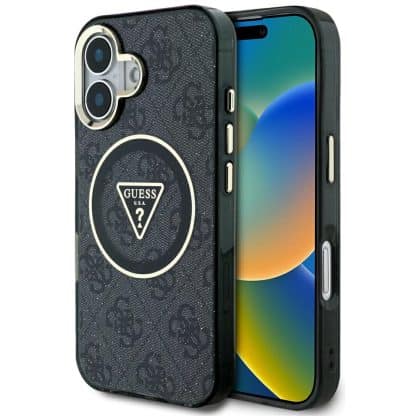 Guess IML Metal Glitter 4G Circle Triangle MagSafe - θήκη για Apple iPhone 16 - Μαύρο