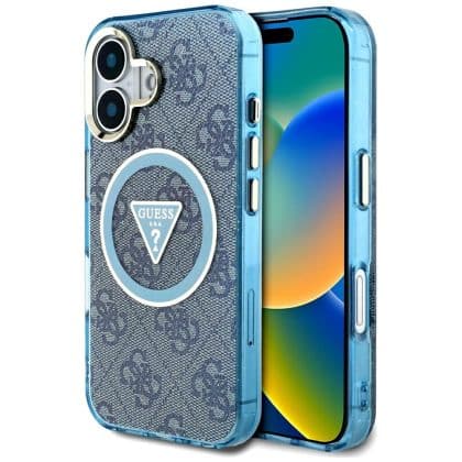 Guess IML Metal Glitter 4G Circle Triangle MagSafe - θήκη για Apple iPhone 16 - Μπλε