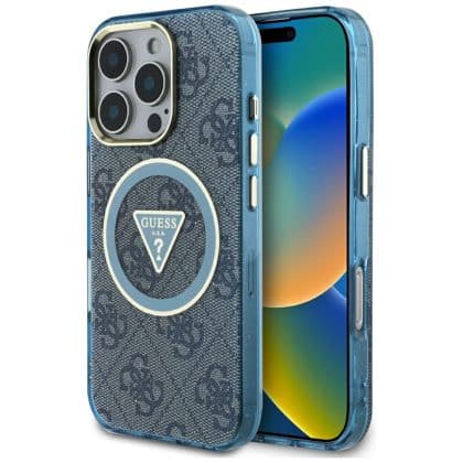 Guess IML Metal Glitter 4G Circle Triangle MagSafe - θήκη για Apple iPhone 16 Pro - Μπλε